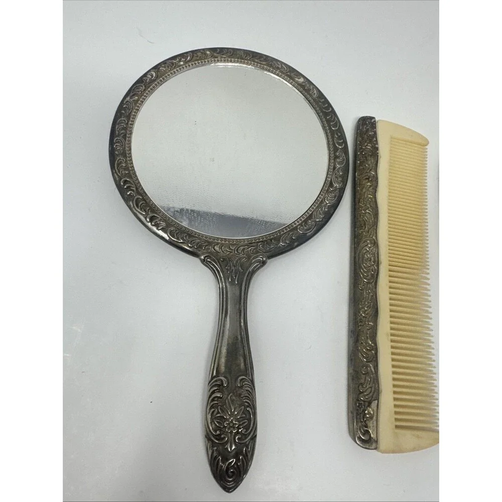 Silver Plated Vanity Set Vtg Hand Mirror Hair Brush Comb Victorian Art Nouveau